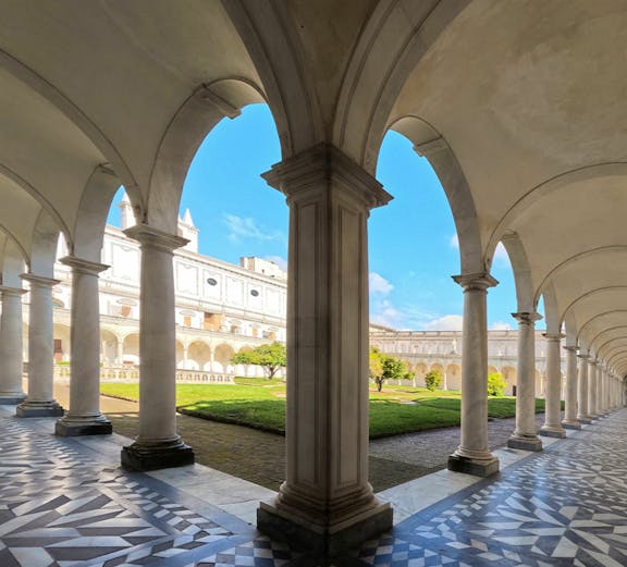 Cloister arches and courtyard at Certosa di San Martino, Naples.