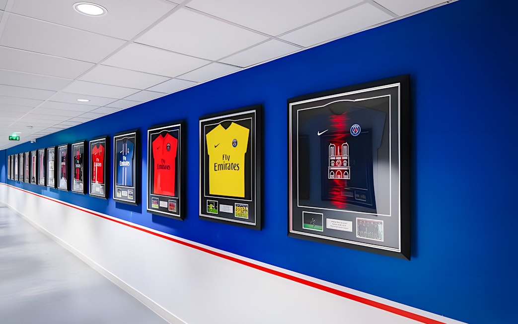 Framed PSG jerseys displayed in a hallway at PSG Stadium, Paris, France.