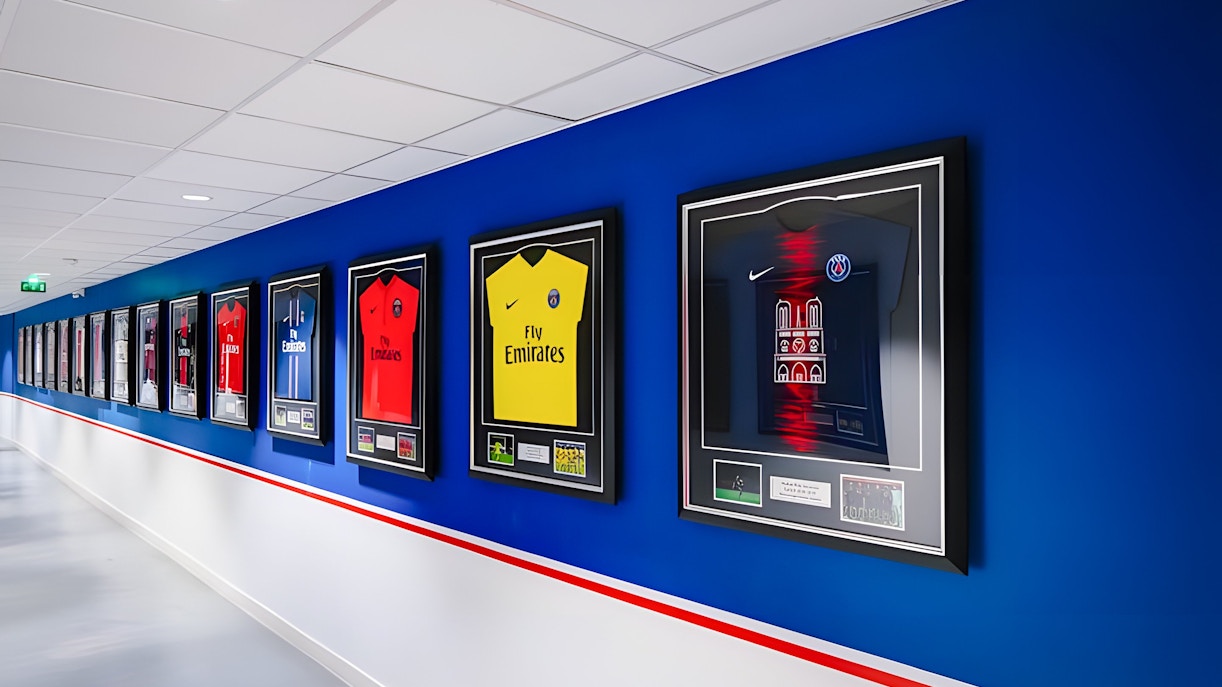 Framed PSG jerseys displayed in a hallway at PSG Stadium, Paris, France.