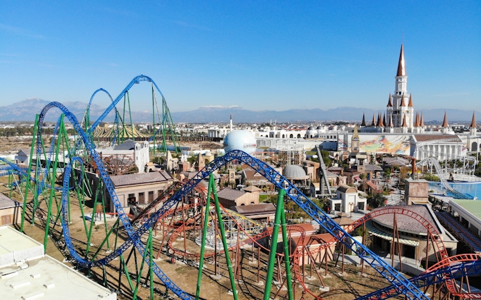 Roller coasters and castle at The Land of Legends Theme Park, Turkey.