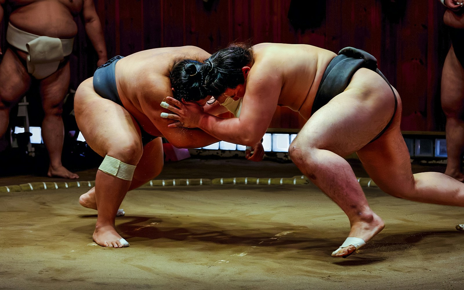 Sumo wrestlers practicing at a Tokyo stable during morning tour.