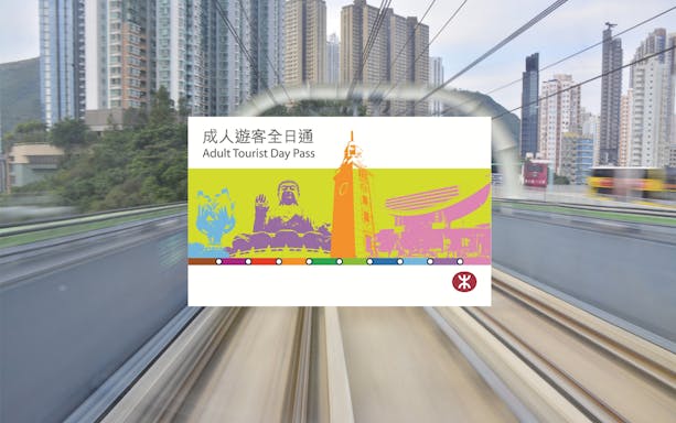 MTR Tourist Pass and Ngong Ping Cable Car ticket with Hong Kong skyline in background.