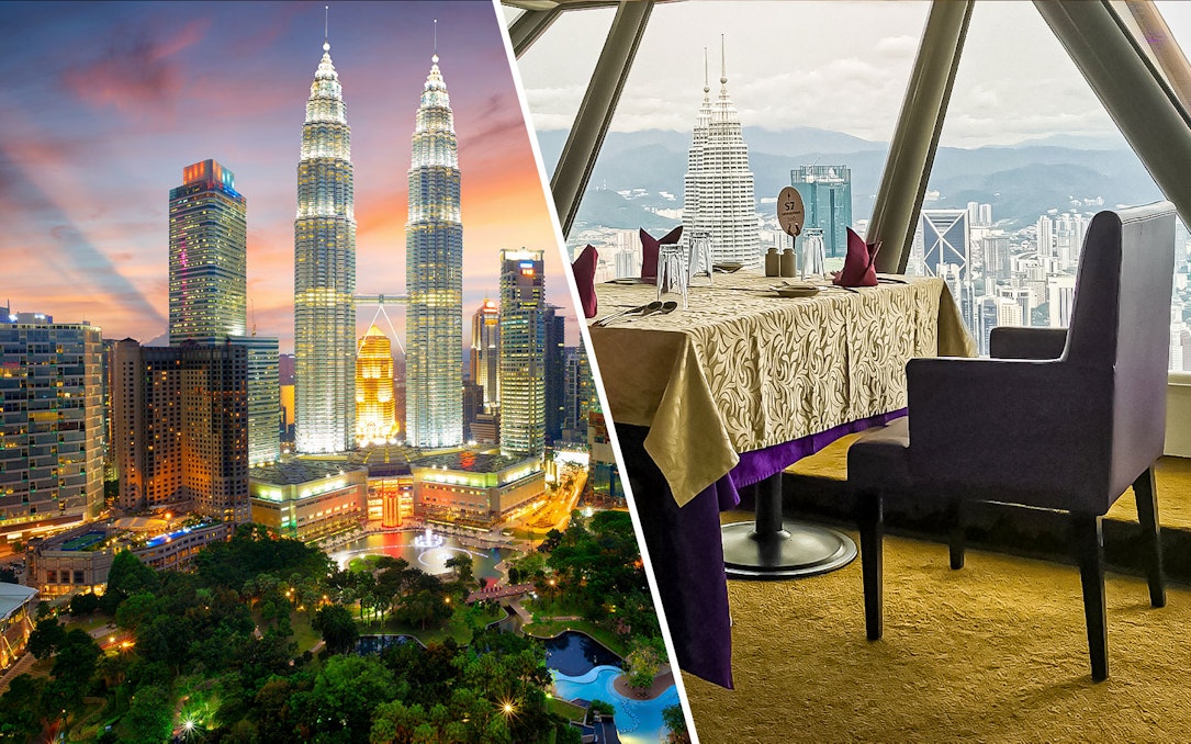 Petronas Twin Towers at sunset and dining table view from Atmosphere 360 Revolving Restaurant, Kuala Lumpur.