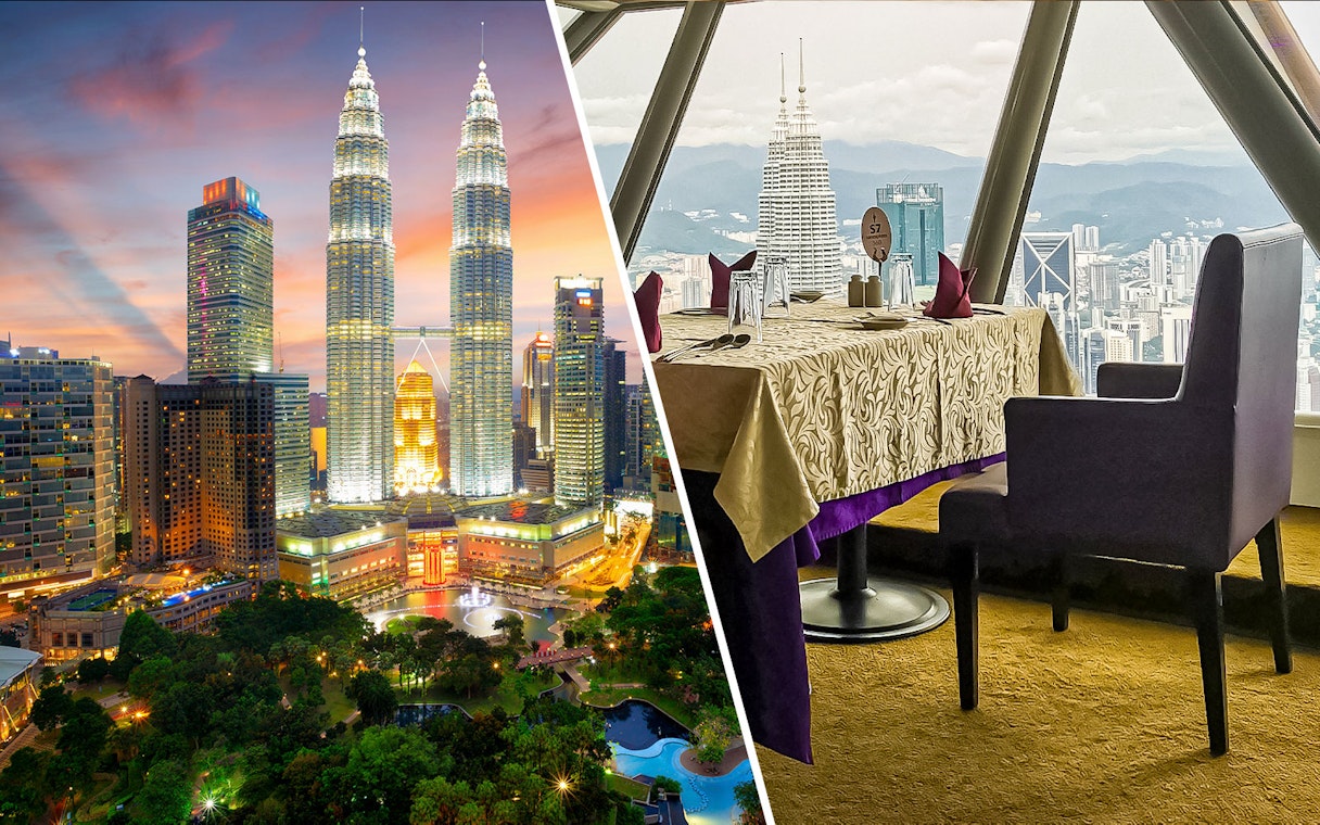 Petronas Twin Towers at sunset and dining table view from Atmosphere 360 Revolving Restaurant, Kuala Lumpur.
