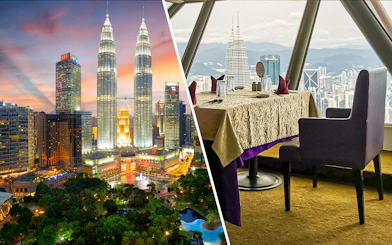 Petronas Twin Towers at sunset and dining table view from Atmosphere 360 Revolving Restaurant, Kuala Lumpur.