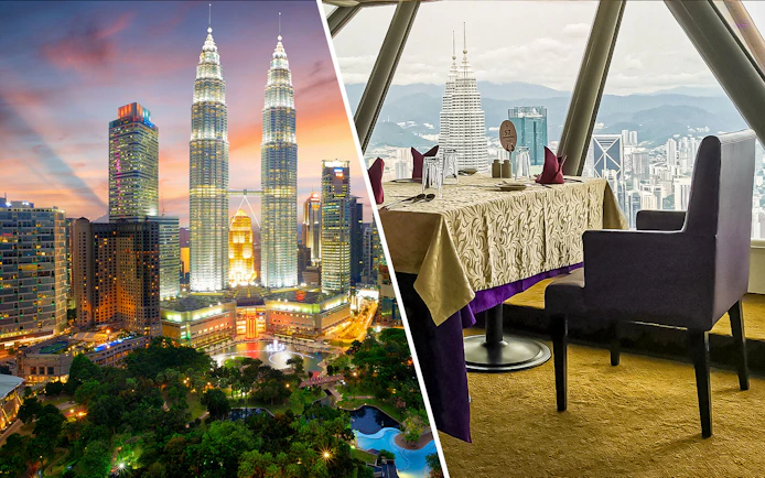 Petronas Twin Towers at sunset and dining table view from Atmosphere 360 Revolving Restaurant, Kuala Lumpur.
