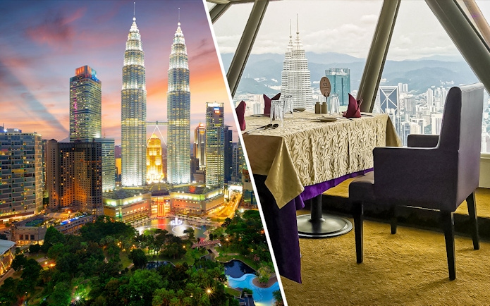 Petronas Twin Towers at sunset and dining table view from Atmosphere 360 Revolving Restaurant, Kuala Lumpur.