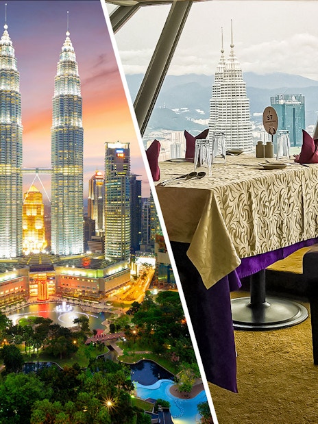 Petronas Twin Towers at sunset and dining table view from Atmosphere 360 Revolving Restaurant, Kuala Lumpur.