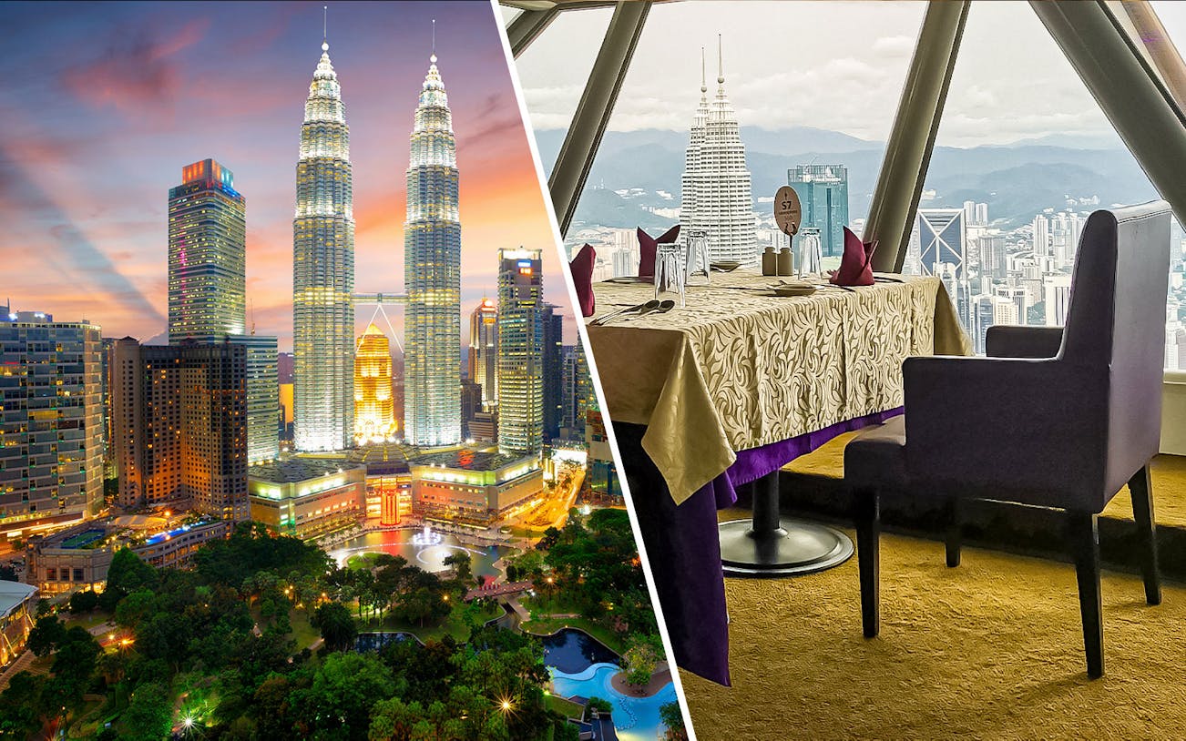 Petronas Twin Towers at sunset and dining table view from Atmosphere 360 Revolving Restaurant, Kuala Lumpur.