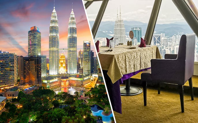 Petronas Twin Towers at sunset and dining table view from Atmosphere 360 Revolving Restaurant, Kuala Lumpur.