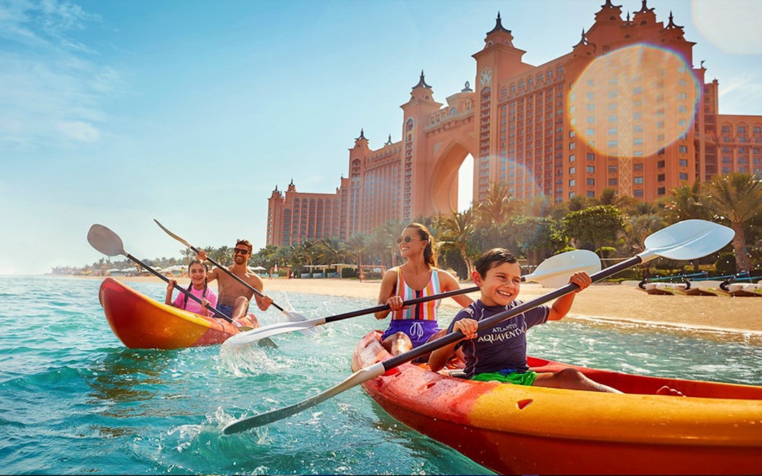 Kayaking near Atlantis Hotel in Dubai with family.