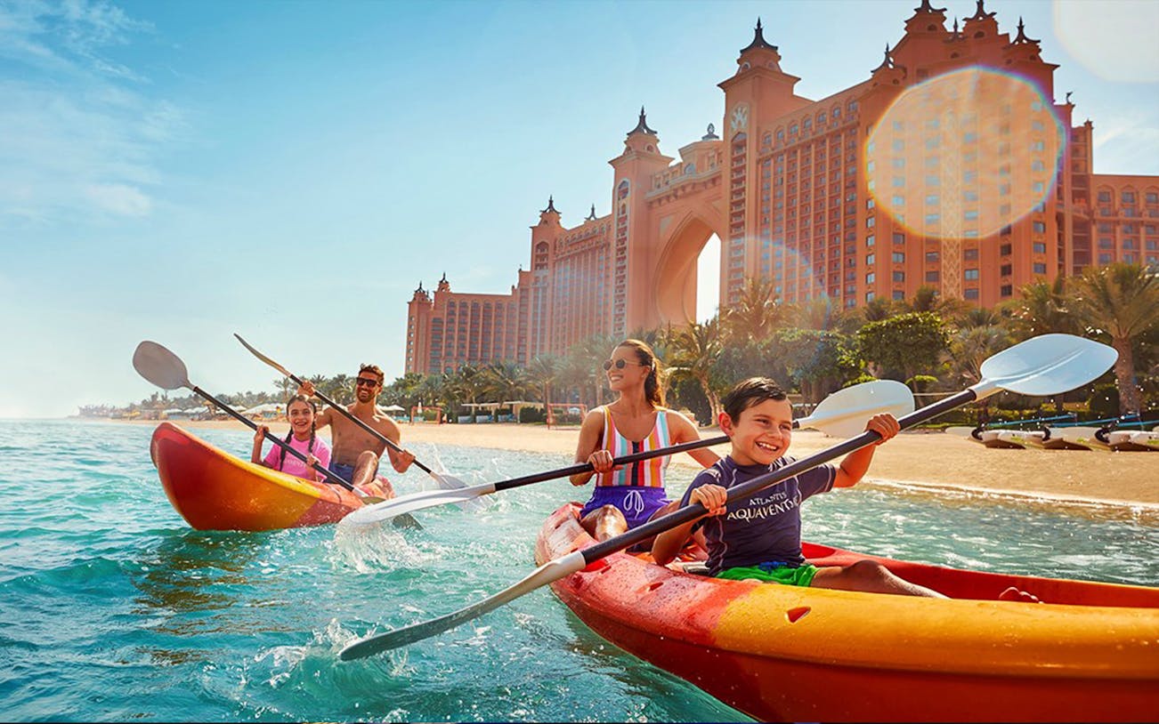 Kayaking near Atlantis Hotel in Dubai with family.