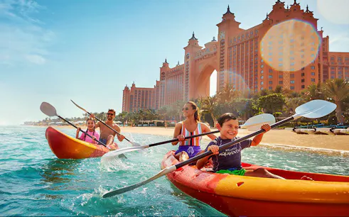 Kayaking near Atlantis Hotel in Dubai with family.