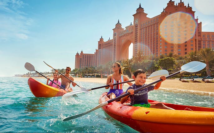 Kayaking near Atlantis Hotel in Dubai with family.