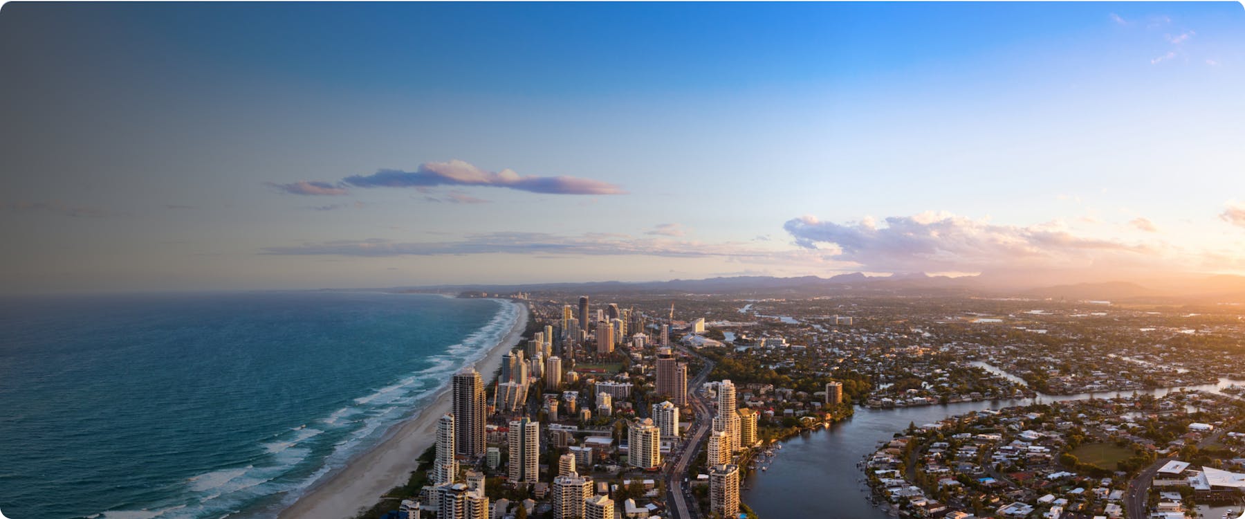 Aerial view of Gold Coast skyline and coastline, Australia.