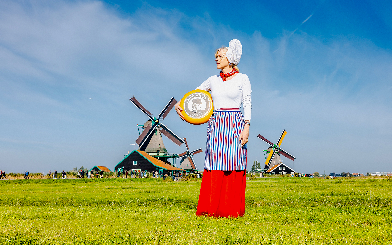 Person holding cheese wheel at Zaanse Schans with windmills in the background.