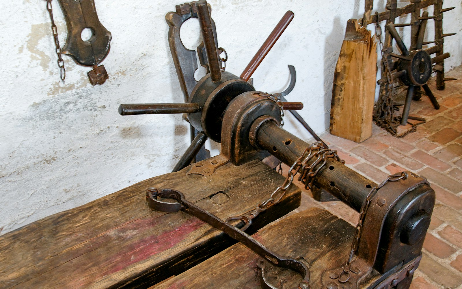 Medieval torture device on display in a historical museum.