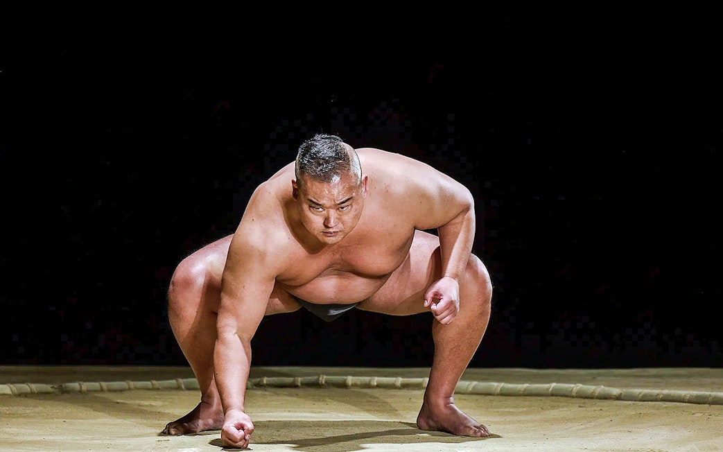 Sumo wrestler in stance at The Sumo Hall Hirakuza Osaka.