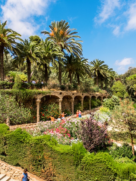 Park Guell's Walk of the Palm Trees with stone arches and lush gardens in Barcelona.