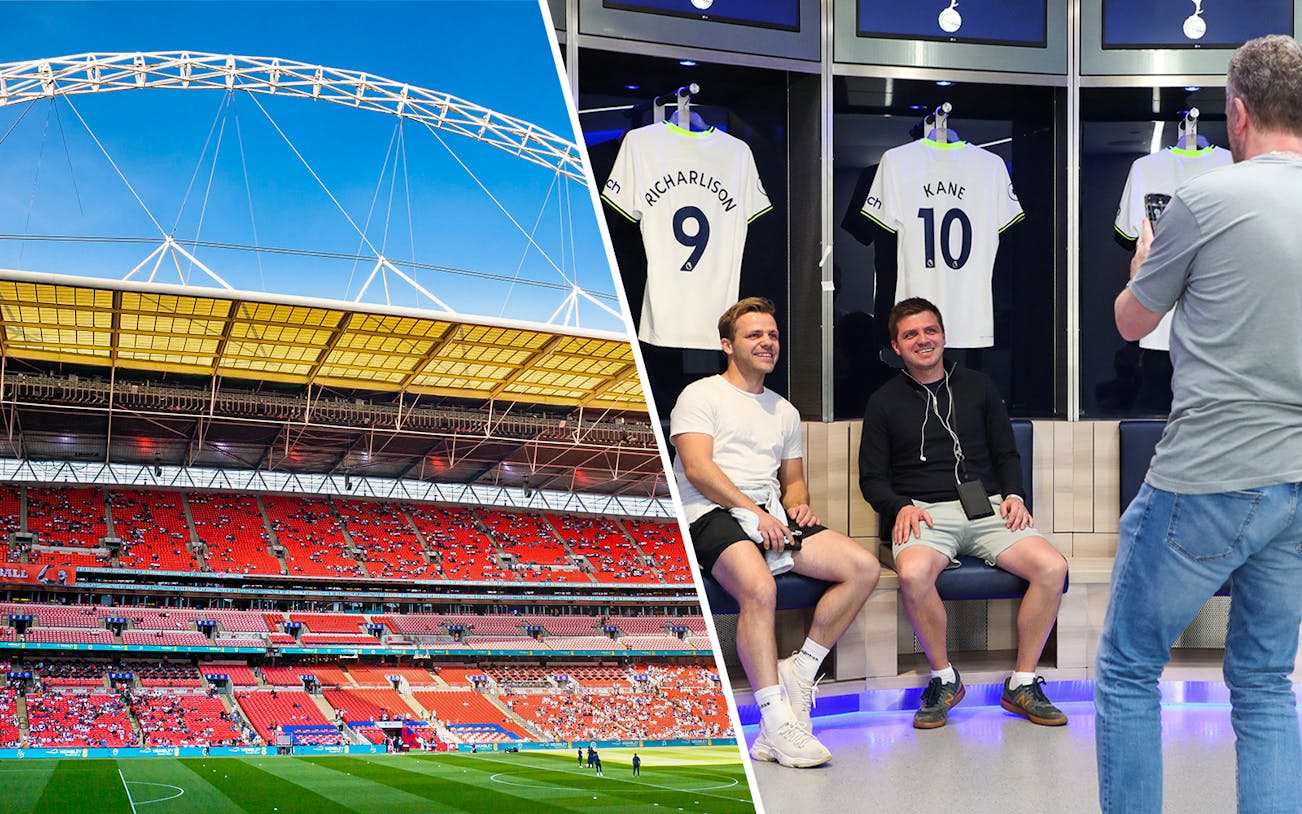 Wembley Stadium exterior and visitors in Tottenham Hotspur locker room, London tour.