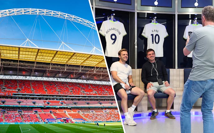 Wembley Stadium exterior and visitors in Tottenham Hotspur locker room, London tour.