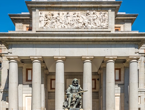 Statue of Velázquez at the entrance of the Prado Museum, Madrid, Spain.