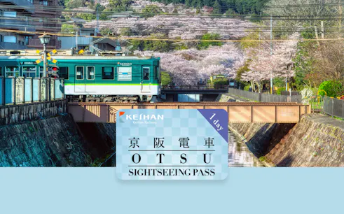 Keihan Railway train passing cherry blossoms in Otsu with sightseeing pass in foreground.