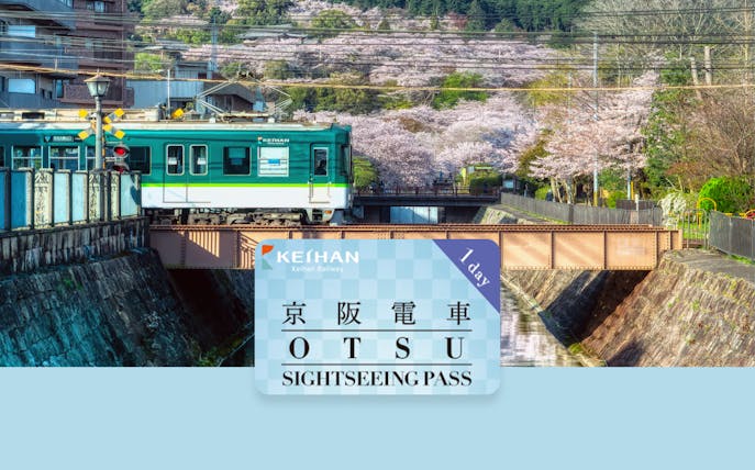 Keihan Railway train passing cherry blossoms in Otsu with sightseeing pass in foreground.