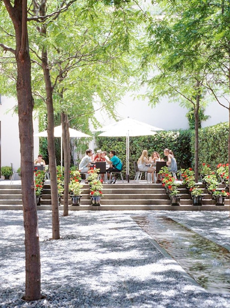 Visitors enjoying outdoor seating at Picasso Museum Malaga cafe.