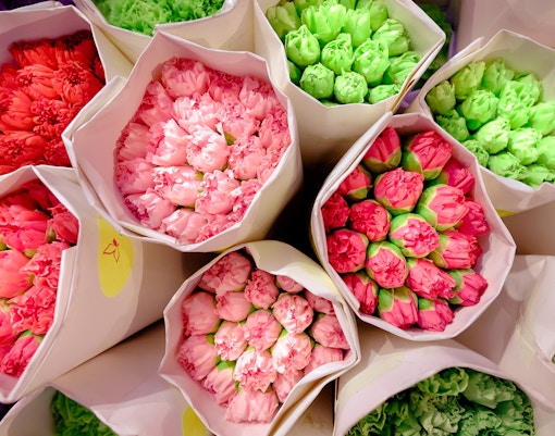 Bouquets of colorful flowers at Pak Khlong Talat Flower Market, Bangkok.