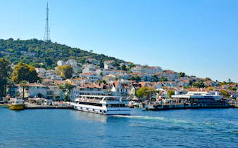 Kinaliada ferry station with a ferry approaching, surrounded by hillside homes in the Princes' Islands.