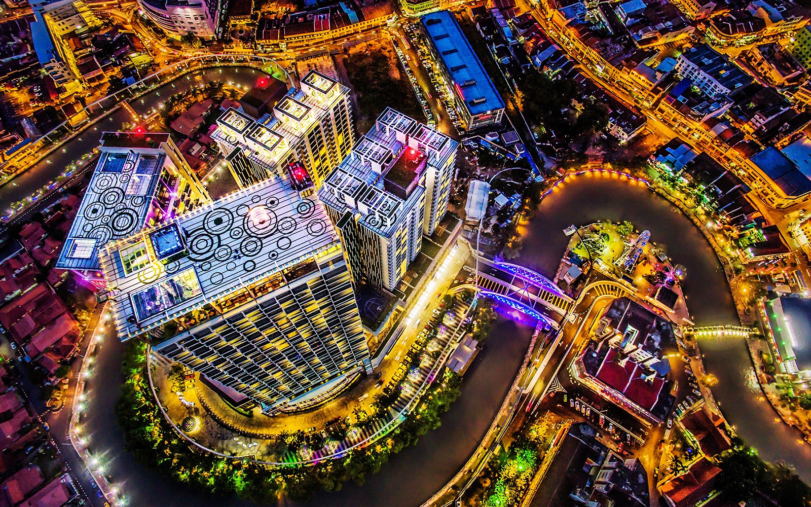 Aerial view of Melaka cityscape and coastline from The Shore Sky Tower.