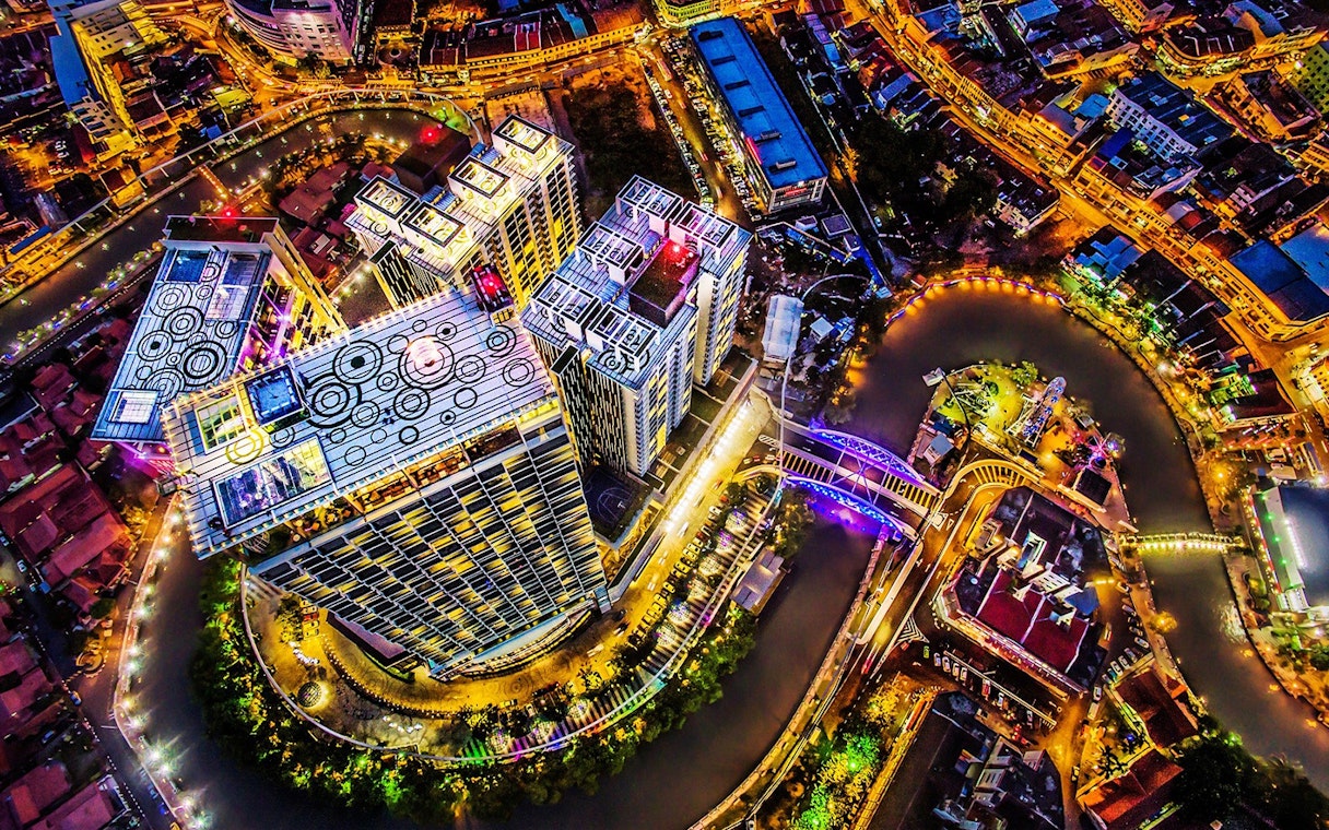 Aerial view of Melaka cityscape and coastline from The Shore Sky Tower.