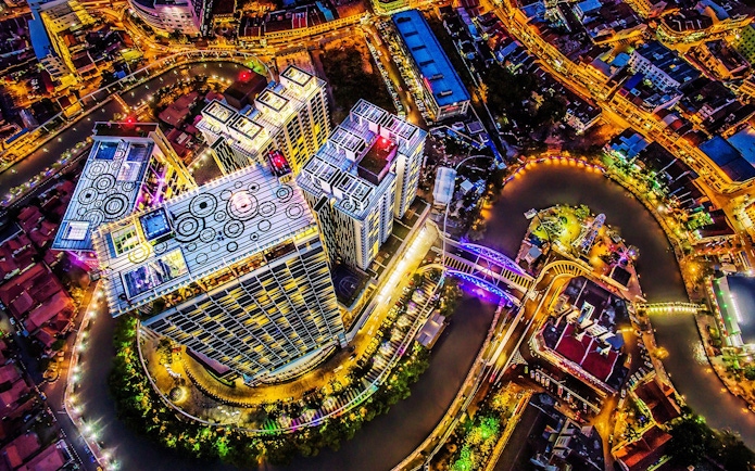 Aerial view of Melaka cityscape and coastline from The Shore Sky Tower.