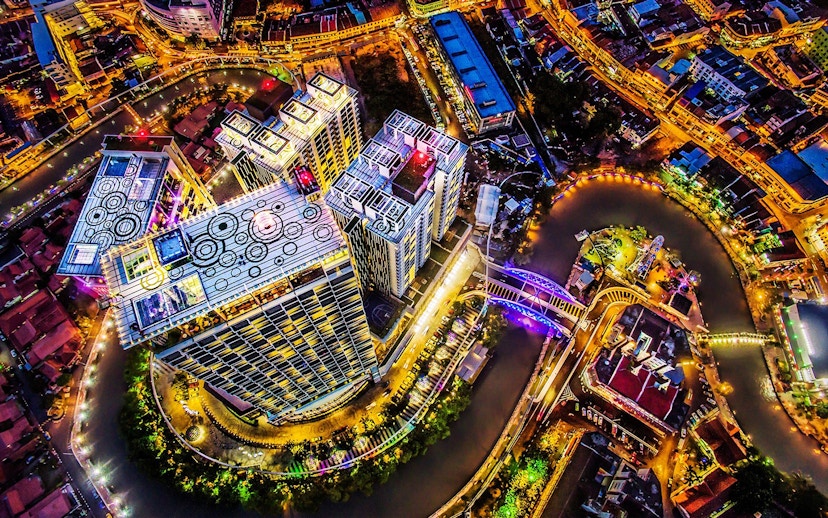 Aerial view of Melaka cityscape and coastline from The Shore Sky Tower.