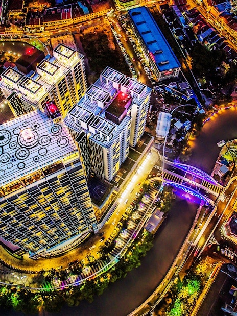 Aerial view of Melaka cityscape and coastline from The Shore Sky Tower.