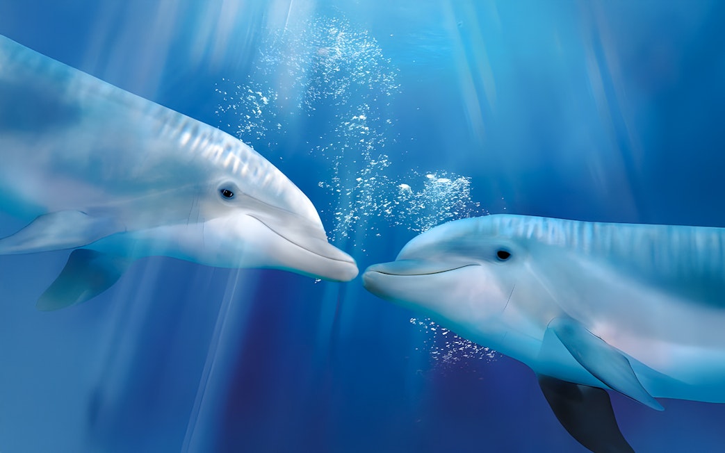 Dolphins swimming underwater at Oltremare park.