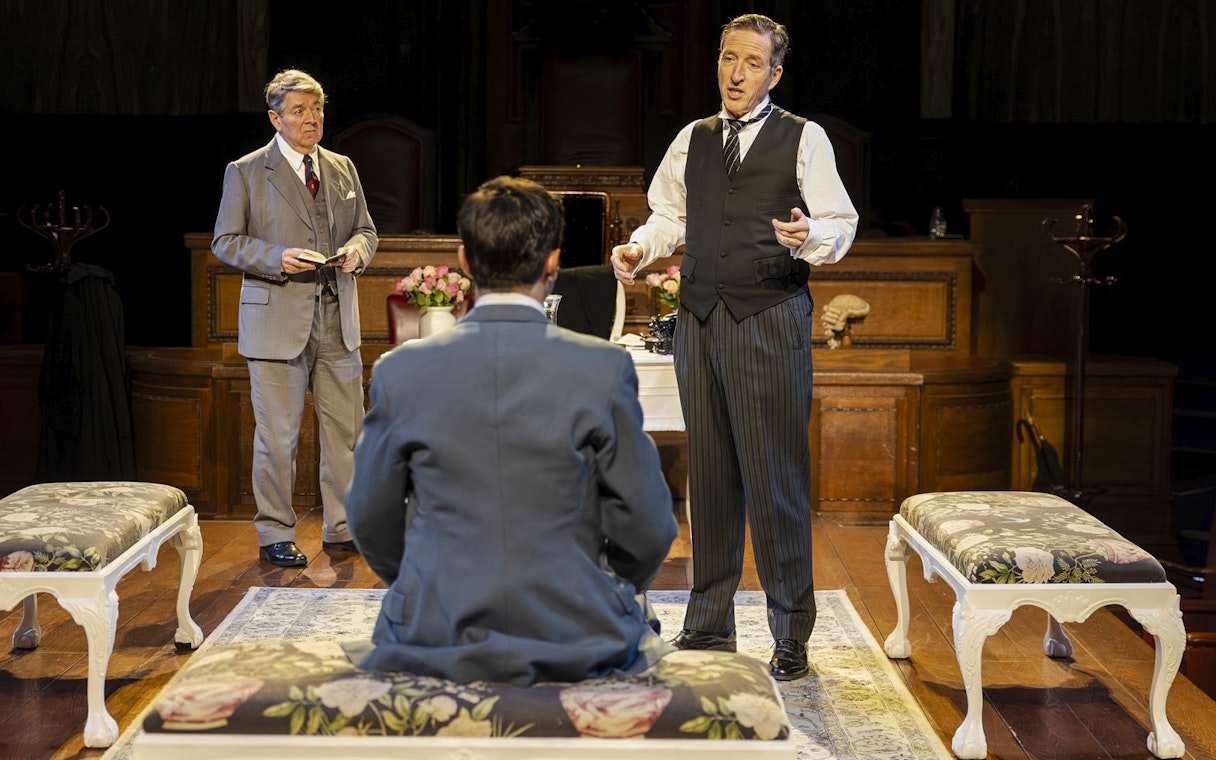 Stage scene from "Witness for the Prosecution" in West End courtroom setting.