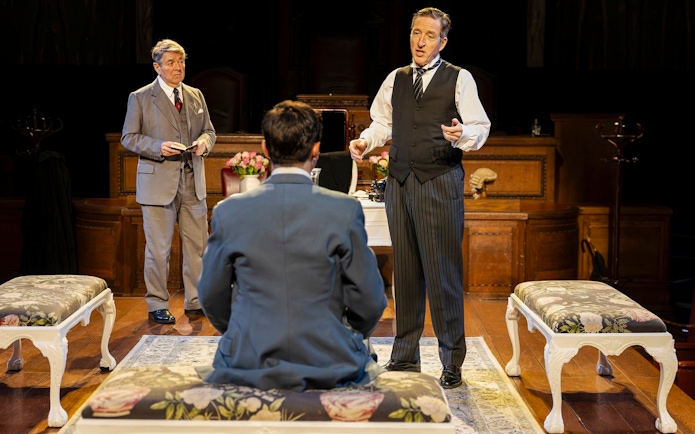 Stage scene from "Witness for the Prosecution" in West End courtroom setting.