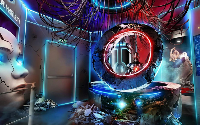 Futuristic robot scene at "Made in Hell: XinLing Robotics" haunted house, Universal Studios Singapore.