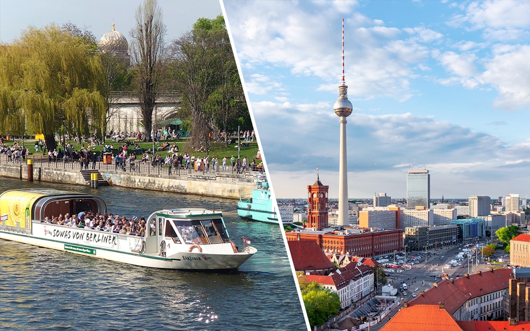City cruise on the Spree River and view of Berlin TV Tower.