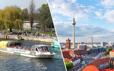 City cruise on the Spree River and view of Berlin TV Tower.
