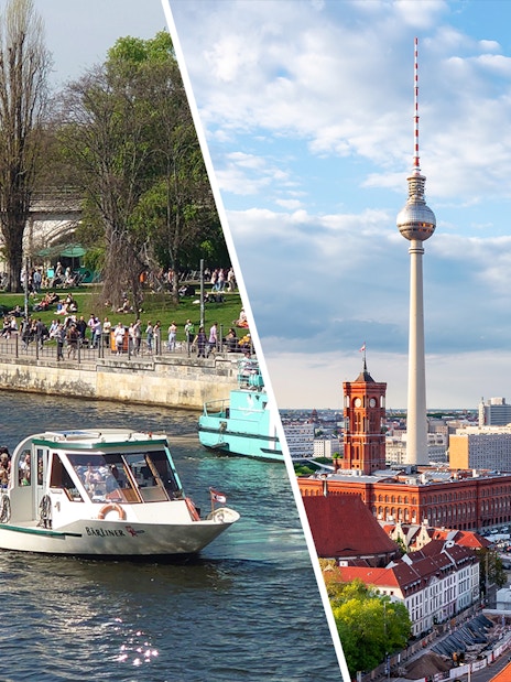 City cruise on the Spree River and view of Berlin TV Tower.