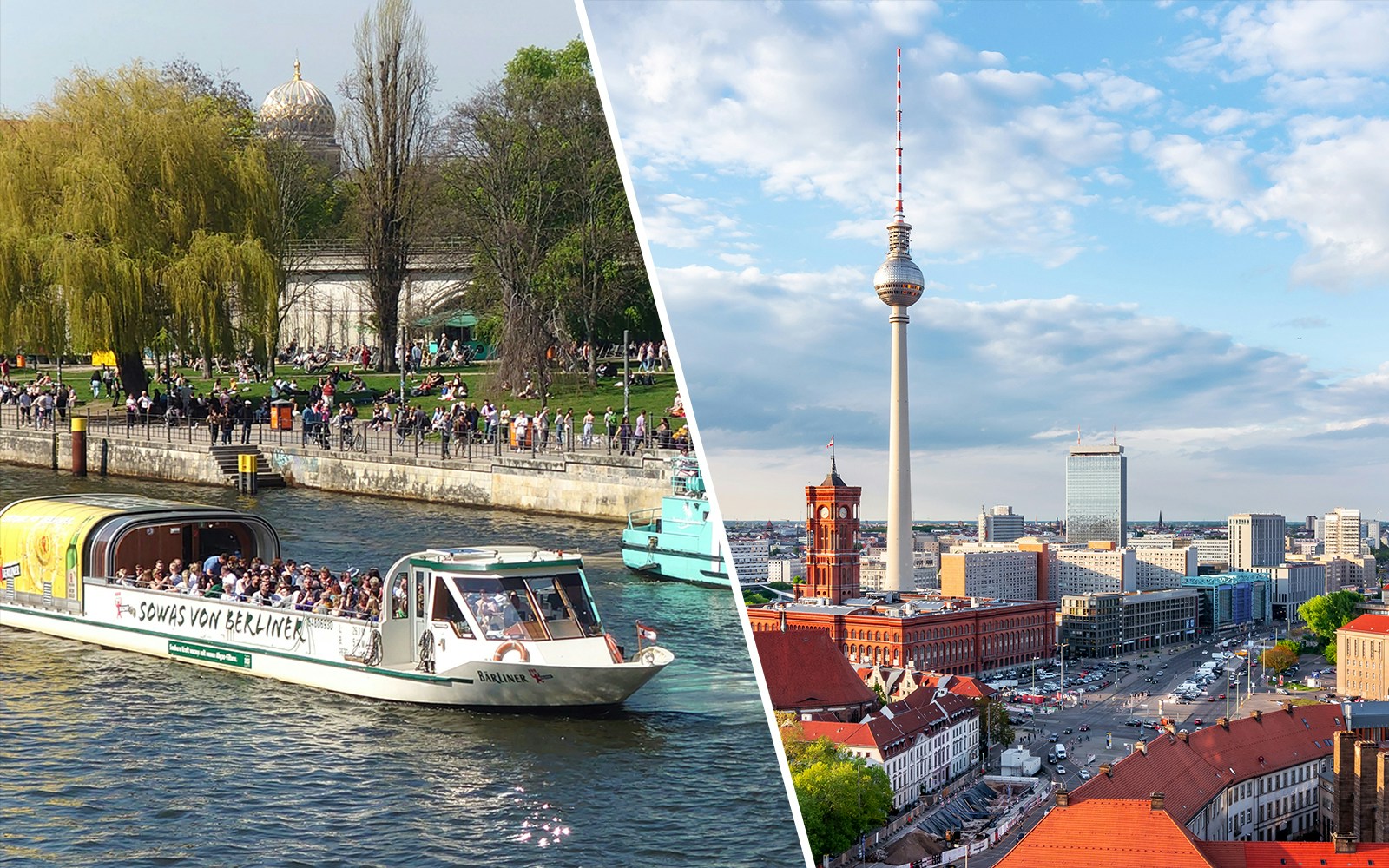 City cruise on the Spree River and view of Berlin TV Tower.