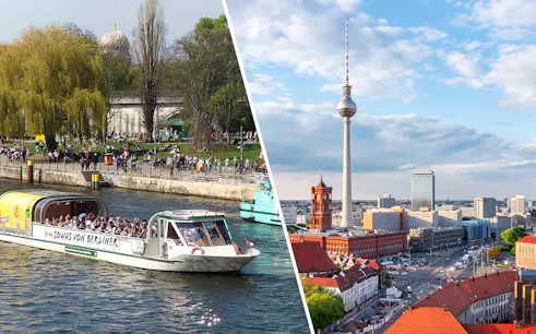 City cruise on the Spree River and view of Berlin TV Tower.