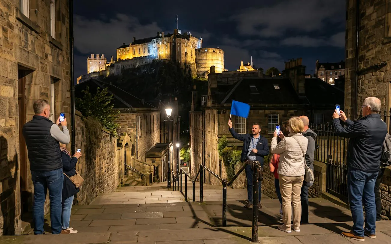 Tour group on Edinburgh True Crime Walking Tour near Edinburgh Castle at night.