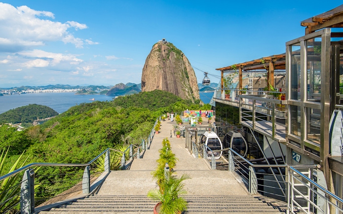 View of Sugarloaf Mountain from Urca Mountain with cable cars, Rio de Janeiro, Brazil.