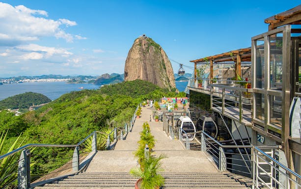 View of Sugarloaf Mountain from Urca Mountain with cable cars, Rio de Janeiro, Brazil.