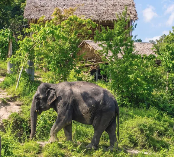 Rescued Asian elephant grazing on a green hillside at Patong Hill Tribe Elephant Village.