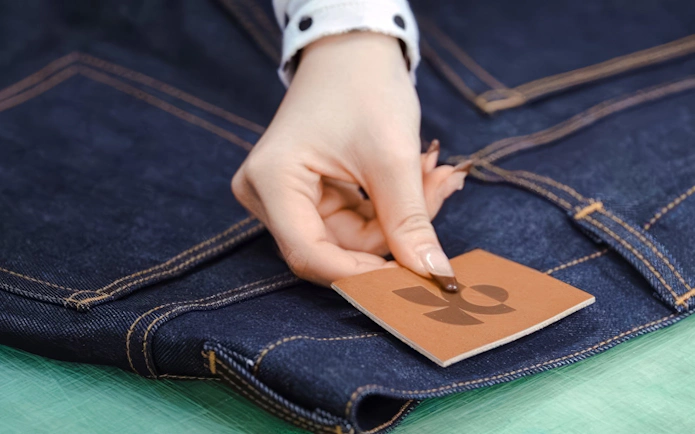 Applying a label to denim jeans at Harajuku Tokyo denim workshop.